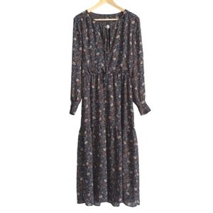 WAYF Long Sleeve Maxi Dress Womens M Blue Floral Stretch Waist